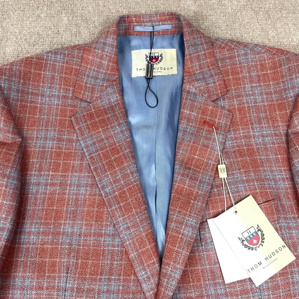 Thom Hudson Blazer Sport Coat Mens 42R Raspberry Plaid Wool Silk Notch Lapel